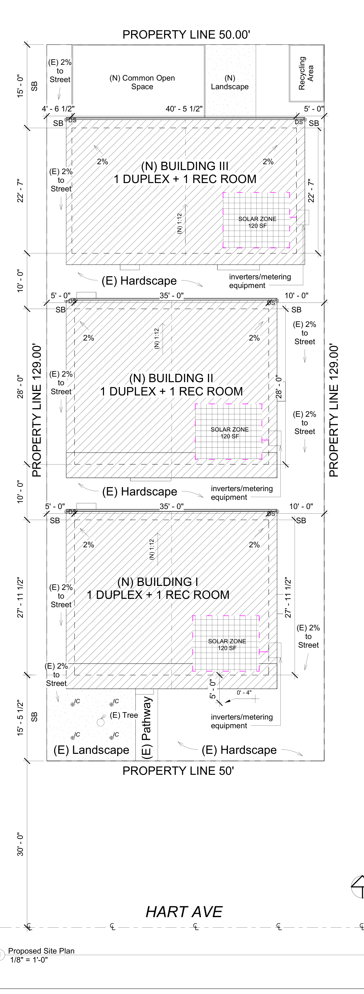 Proposed site plan: three buildings along the lot